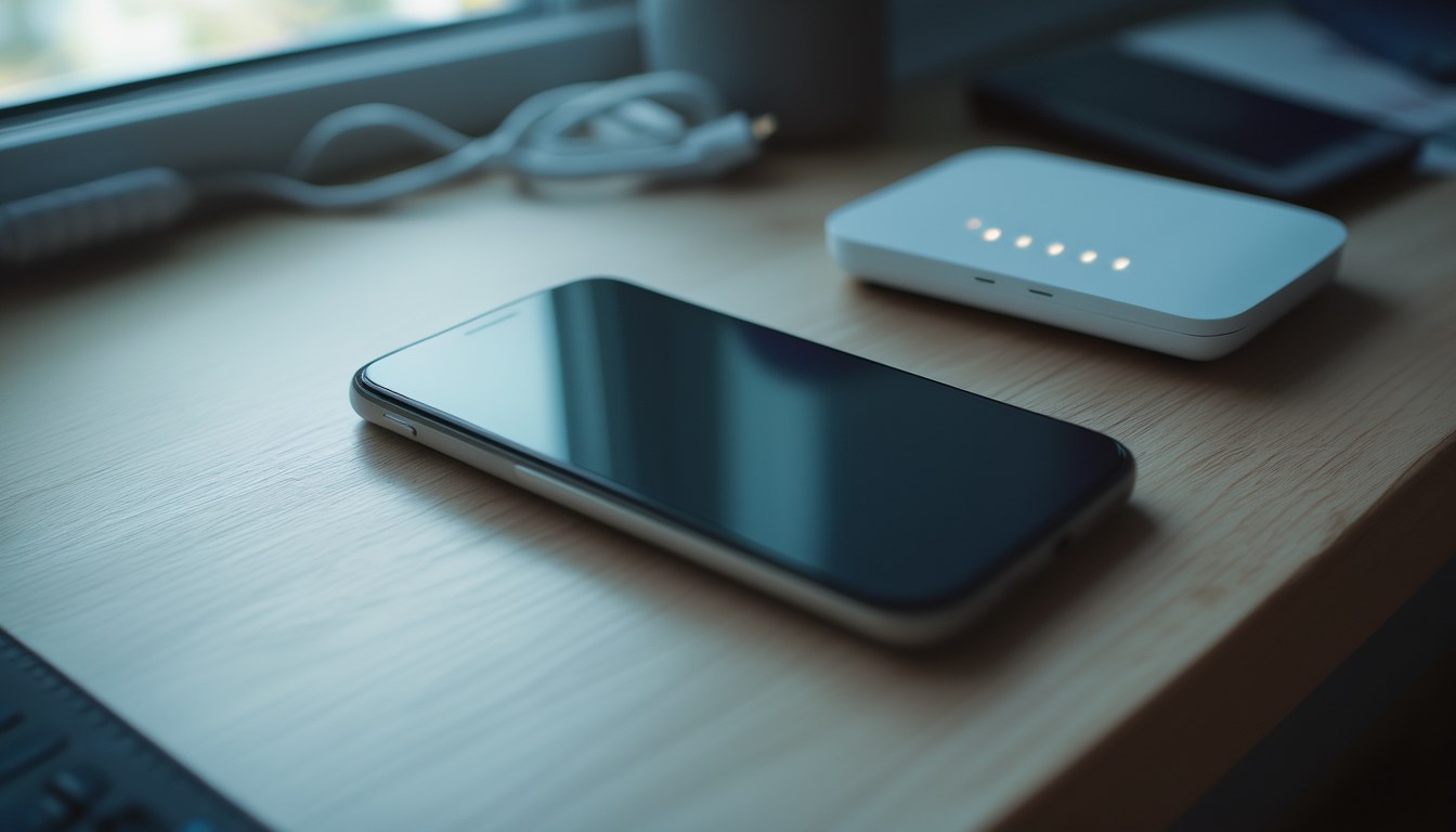 iPhone liegt neben einem WLAN-Router mit leuchtenden Status-LEDs auf einem Schreibtisch – Symbolbild für WLAN-Probleme nach einem iOS-Update