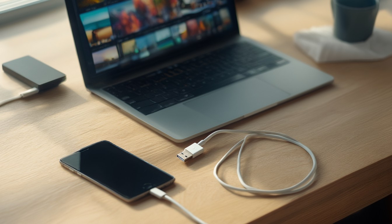 Smartphone per USB-Kabel mit einem Laptop verbunden, auf dem Bildschirm eine Übersicht importierter Fotos