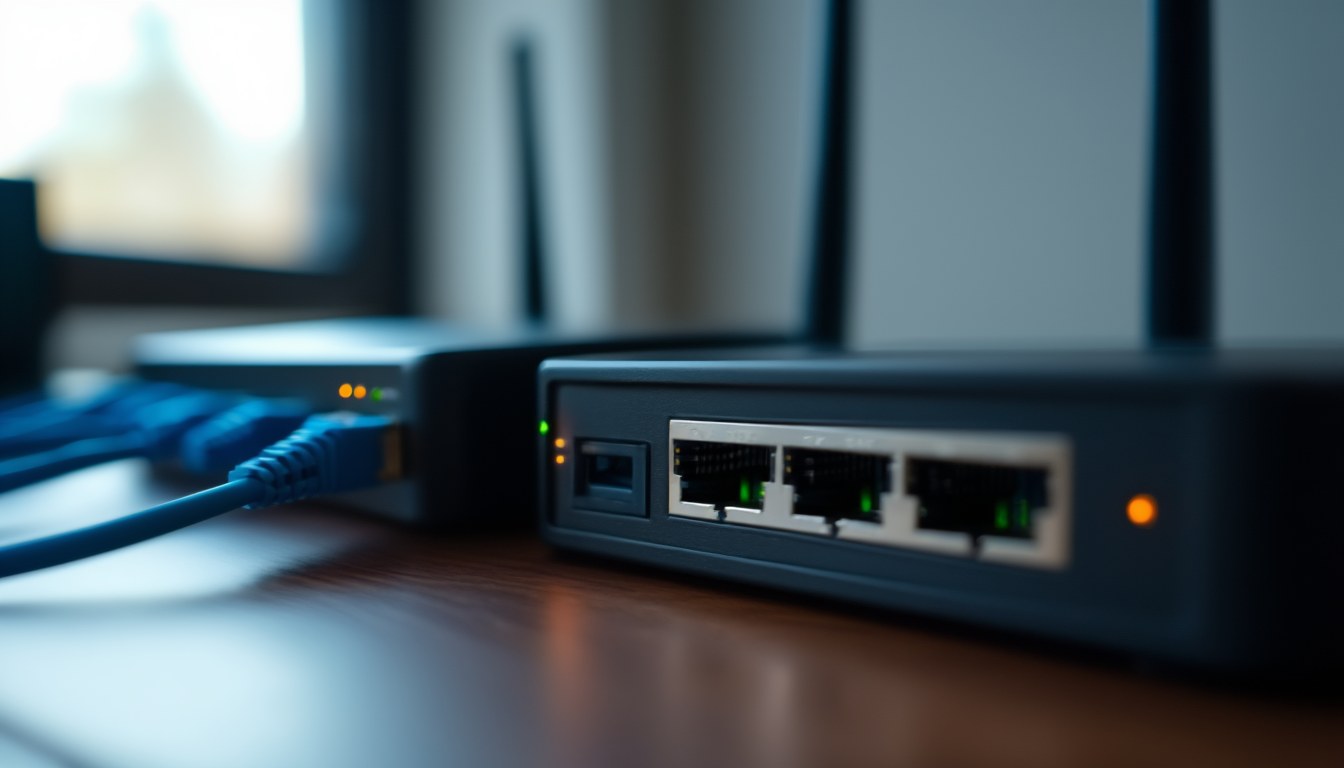 Netzwerk-Switch und Router mit eingesteckten Patchkabeln und leuchtenden Port-LEDs auf einem Schreibtisch