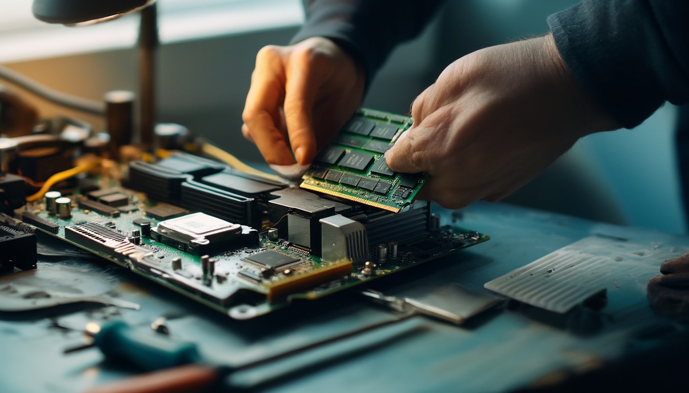 IRQL_NOT_LESS_OR_EQUAL beheben: den schuldigen Treiber finden 3 Hände setzen einen RAM-Riegel in den Speicherslot eines geöffneten Desktop-PCs auf einer Werkbank ein – Fehlersuche beim Bluescreen IRQL_NOT_LESS_OR_EQUAL