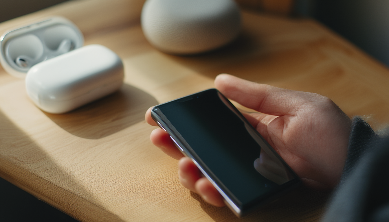 Hände halten ein Android-Smartphone über einem Holztisch, daneben kabellose Ohrhörer im offenen Ladecase und ein Bluetooth-Lautsprecher