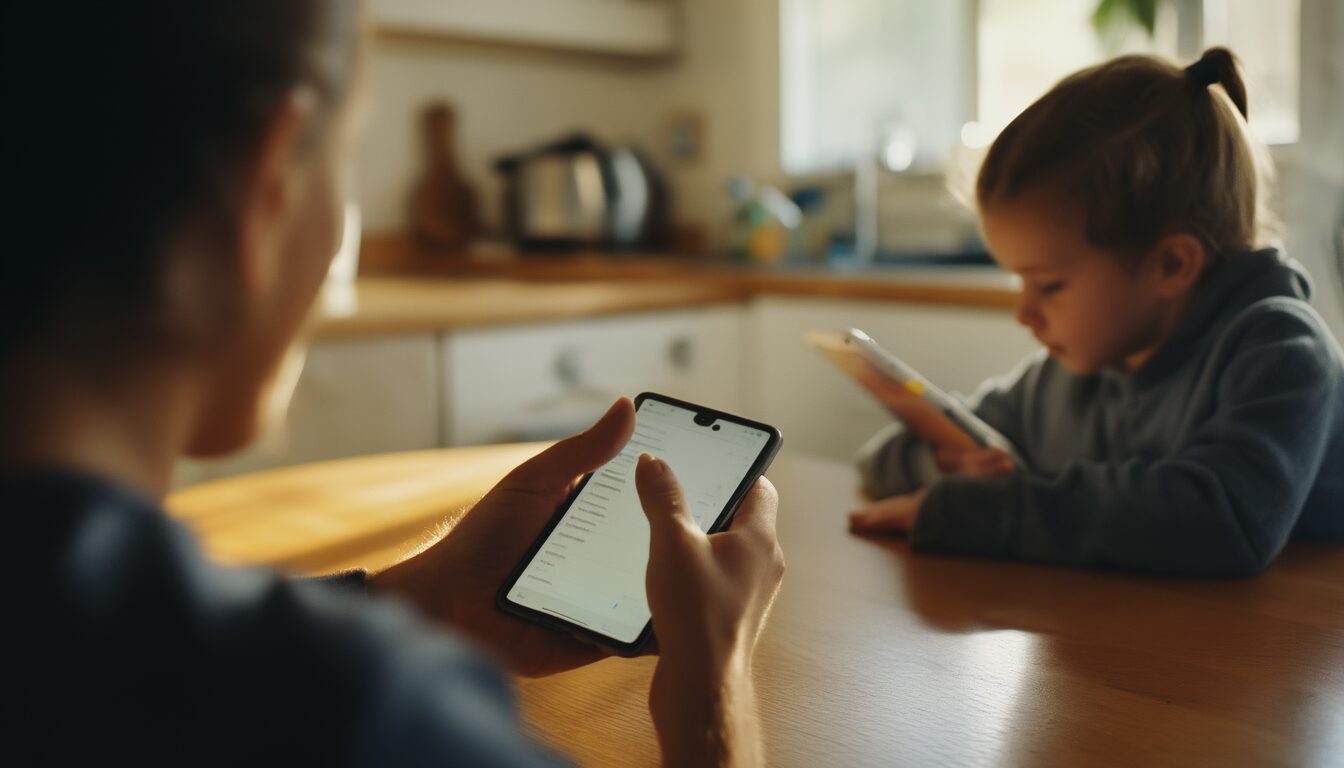 Kindersicherung am Smartphone einrichten: Android, iPhone & Kindermodus 1 Elternteil richtet am Smartphone die Kindersicherung ein, während ein Kind daneben am Küchentisch sitzt