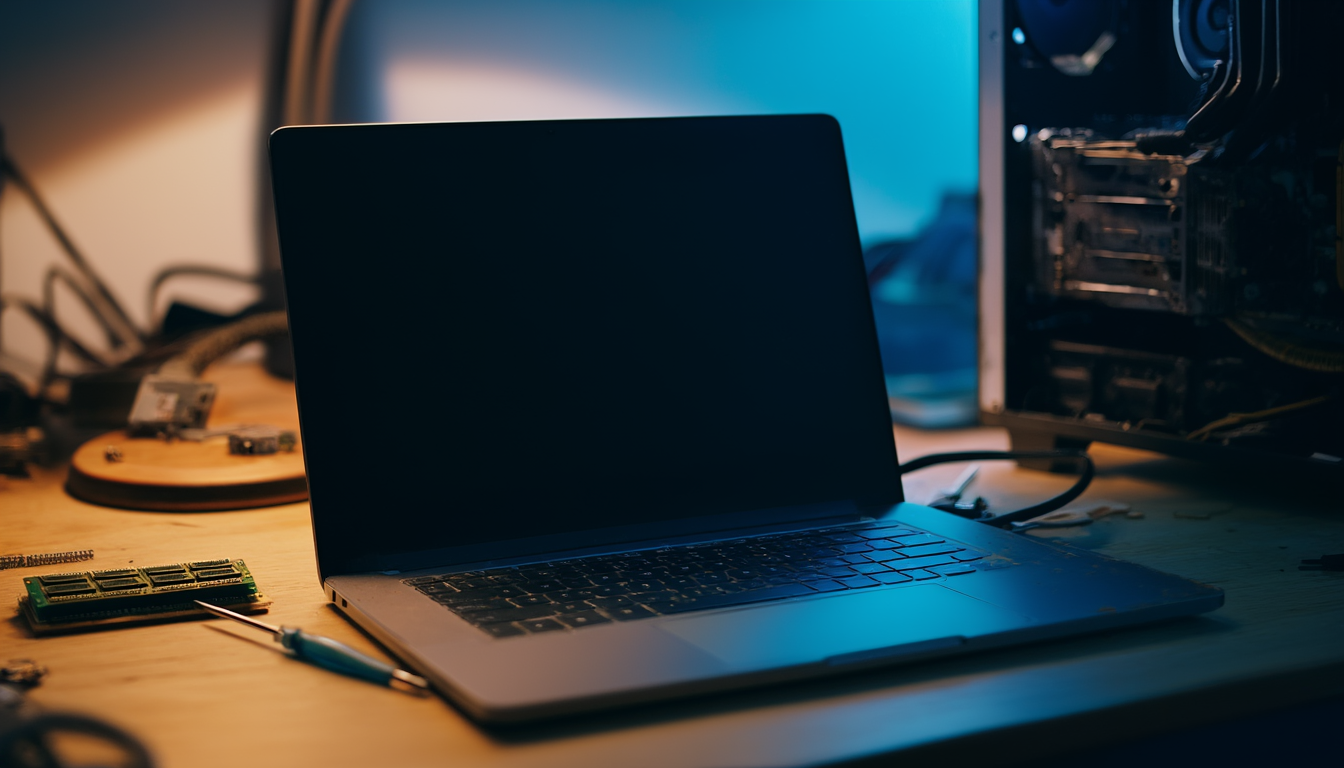 Geöffneter Laptop mit dunklem Bildschirm neben RAM-Modul und Schraubendreher auf einem Reparaturtisch – Fehlersuche beim Treiber-Bluescreen in Windows 11