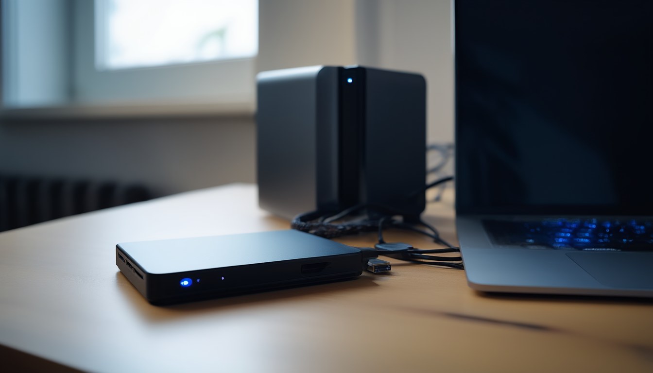 Externe SSD und USB-Festplatte am Laptop, dahinter ein NAS mit blauen LEDs – Sicherungsziele für kostenlose Backup-Software unter Windows