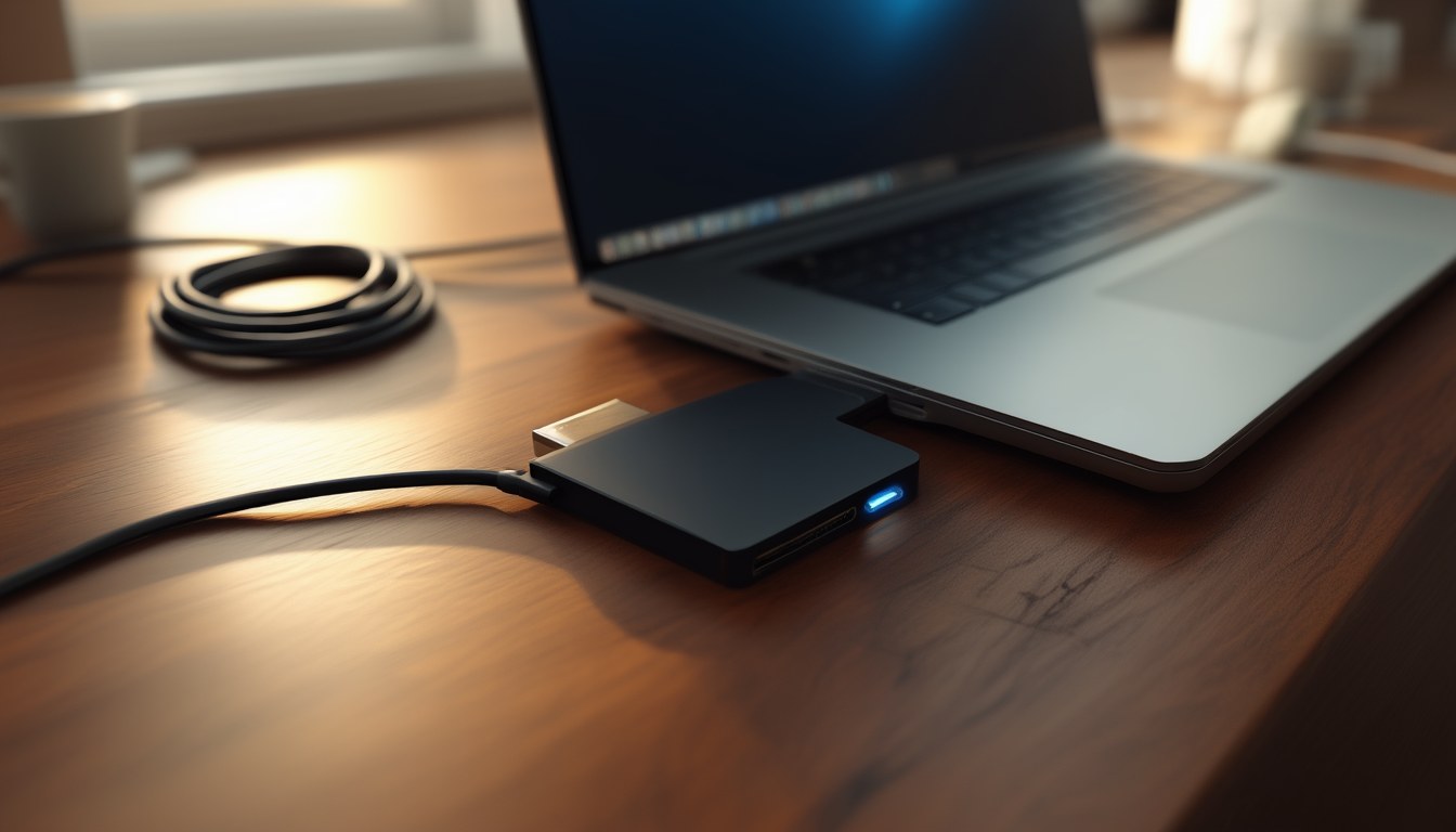 Externe SSD per USB-C-Kabel an einem Laptop auf einem Holzschreibtisch — Sinnbild für ein Linux-Backup mit Timeshift und rsync auf ein separates Laufwerk