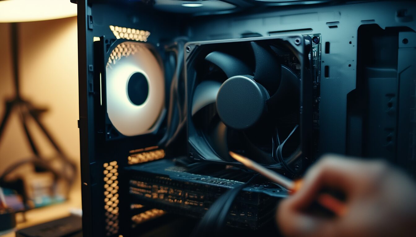 Blick in ein geöffnetes PC-Gehäuse: CPU-Kühler mit Lüfter und 4-Pin-Kabel am Mainboard-Anschluss