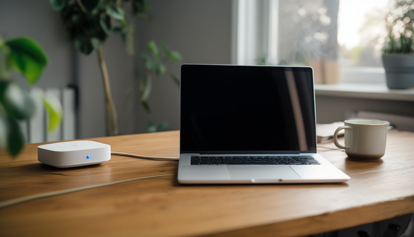 macOS Sequoia Wi-Fi-Probleme: WLAN reparieren, ohne auf Apple zu warten 3 Aufgeklappter Laptop auf einem Schreibtisch neben einem WLAN-Router im Homeoffice als Sinnbild für WLAN-Probleme unter macOS Sequoia