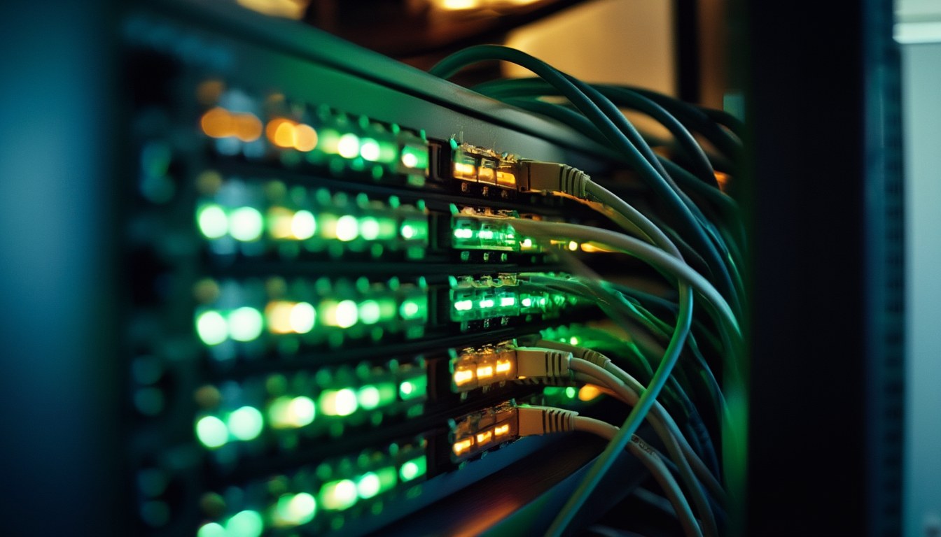 Managed oder Unmanaged Switch? Unterschied und wann du welchen brauchst 4 Netzwerk-Switch mit eingesteckten Ethernet-Kabeln und leuchtenden Port-LEDs in einem Serverschrank