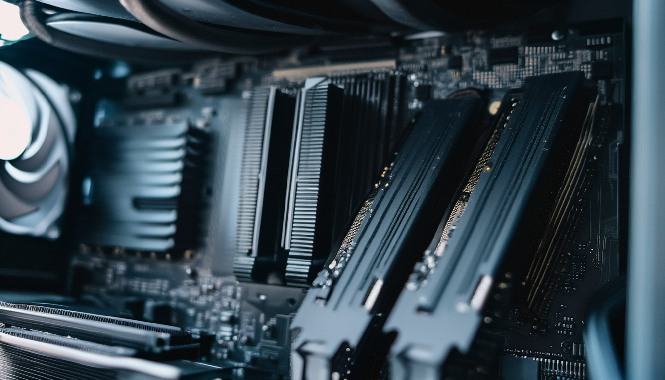Memory Management Bluescreen beheben: 0x0000001A der Reihe nach eingrenzen 5 DDR5-Speichermodule in den RAM-Slots eines Mainboards, ein Slot mit offener Halteklammer – Arbeitsspeicher als häufigste Ursache des MEMORY_MANAGEMENT-Bluescreens