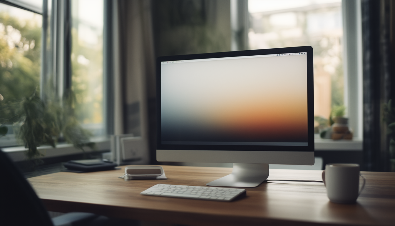 Monitor auf einem Schreibtisch zeigt einen neutralen Graustufenverlauf und Farbfelder zur Kalibrierung