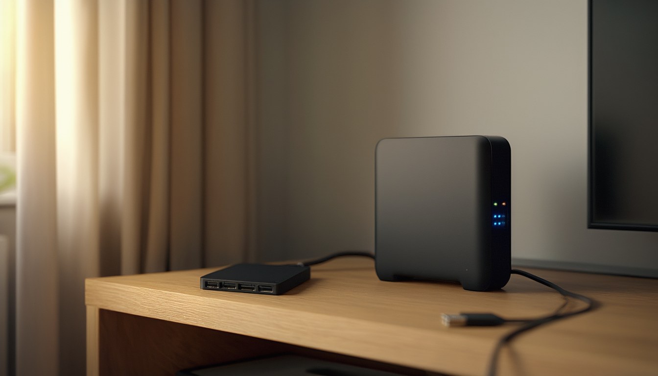 Kompaktes Zwei-Schacht-NAS im Wohnzimmerregal neben einer externen USB-Festplatte als zweitem Backup-Ziel