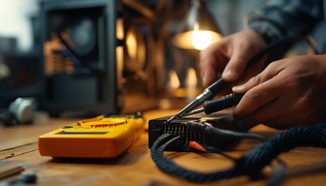Multimeter-Messspitzen am 24-poligen ATX-Stecker eines ausgebauten PC-Netzteils auf einer Werkbank – so lässt sich ein defektes Netzteil erkennen