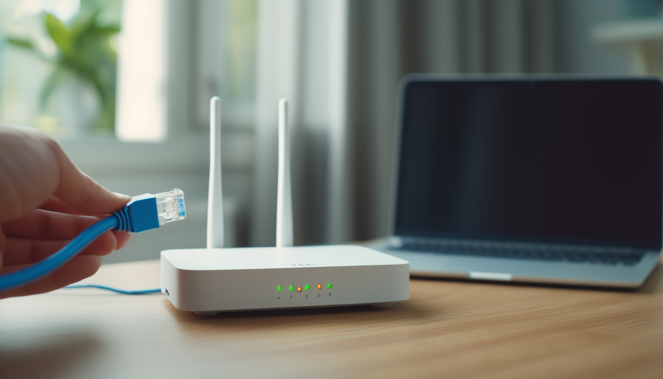 Hand steckt ein Netzwerkkabel in den LAN-Port eines Routers, im Hintergrund ein unscharfer Laptop auf dem Schreibtisch