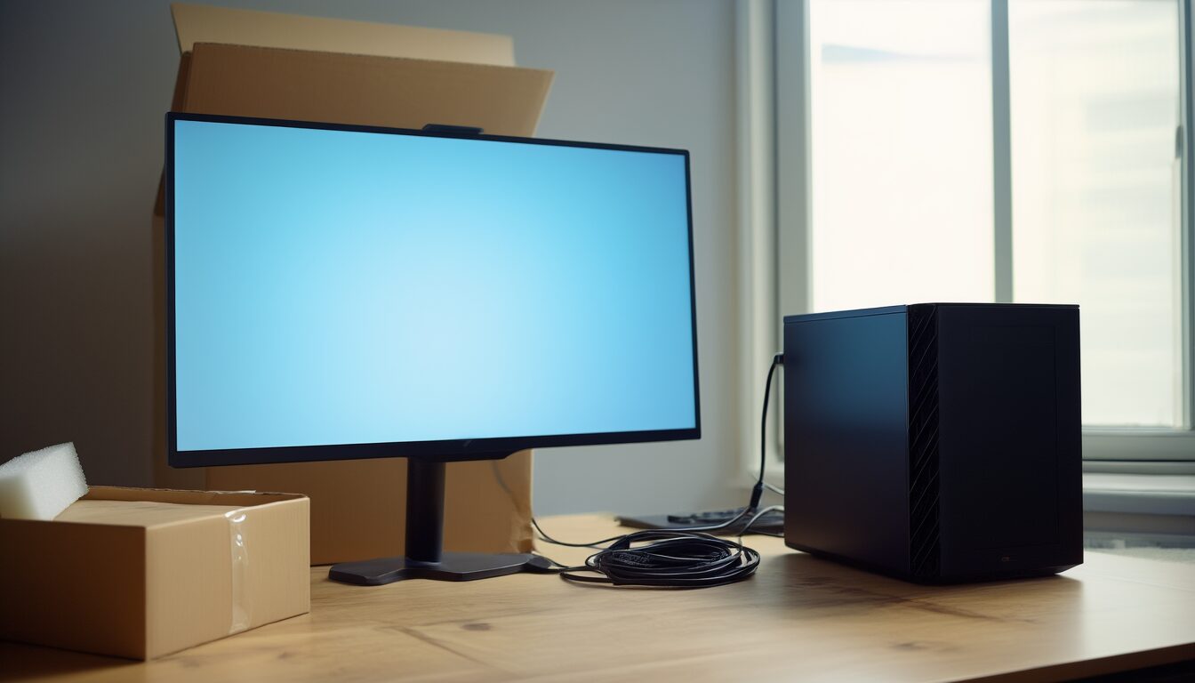 Neu ausgepackter Desktop-PC mit Monitor auf einem Schreibtisch, daneben Karton und noch nicht verlegte Kabel vor der Ersteinrichtung