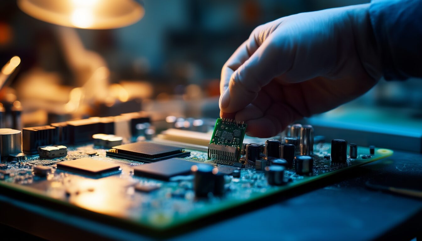 Nicht behebbarer Fehler in der TPM-Hardware: TPM sicher zurücksetzen 1 Nahaufnahme eines PC-Mainboards, auf dem ein kleines TPM-Modul über den TPM-Header gehalten wird