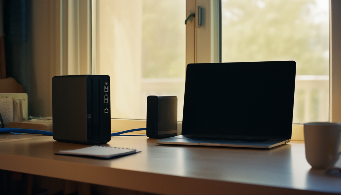 Laptop und Desktop-PC auf einem Schreibtisch, verbunden über einen kleinen Netzwerk-Switch mit blauem Netzwerkkabel, daneben eine externe Festplatte