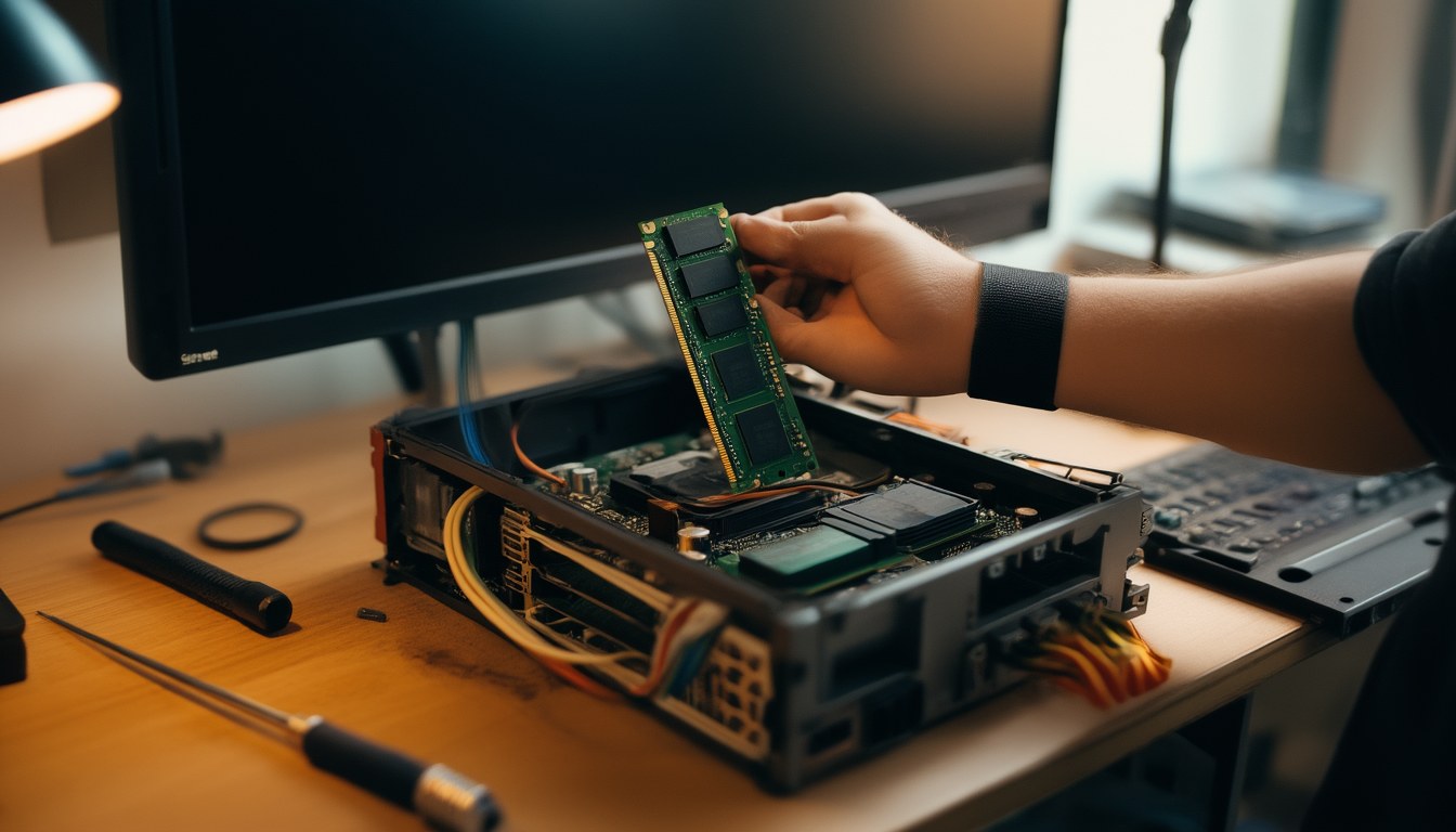 Techniker setzt ein RAM-Modul in einen geöffneten Desktop-PC ein – der Speichertest ist der erste Schritt beim Bluescreen mit Stopcode 0x50.