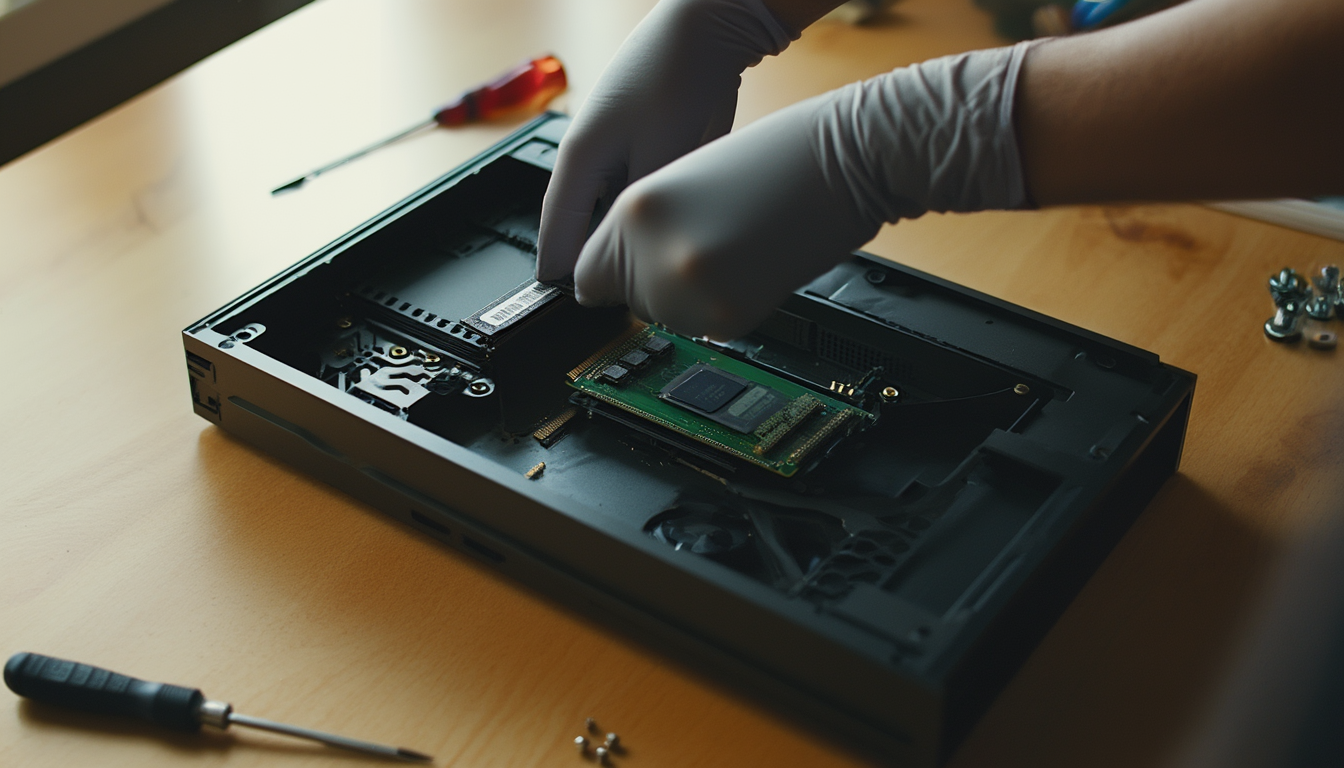 PC aufrüsten 2026: Welche Komponente sich zuerst lohnt 1 Hände setzen eine M.2-NVMe-SSD in das Mainboard eines geöffneten Desktop-PCs auf einer Werkbank ein