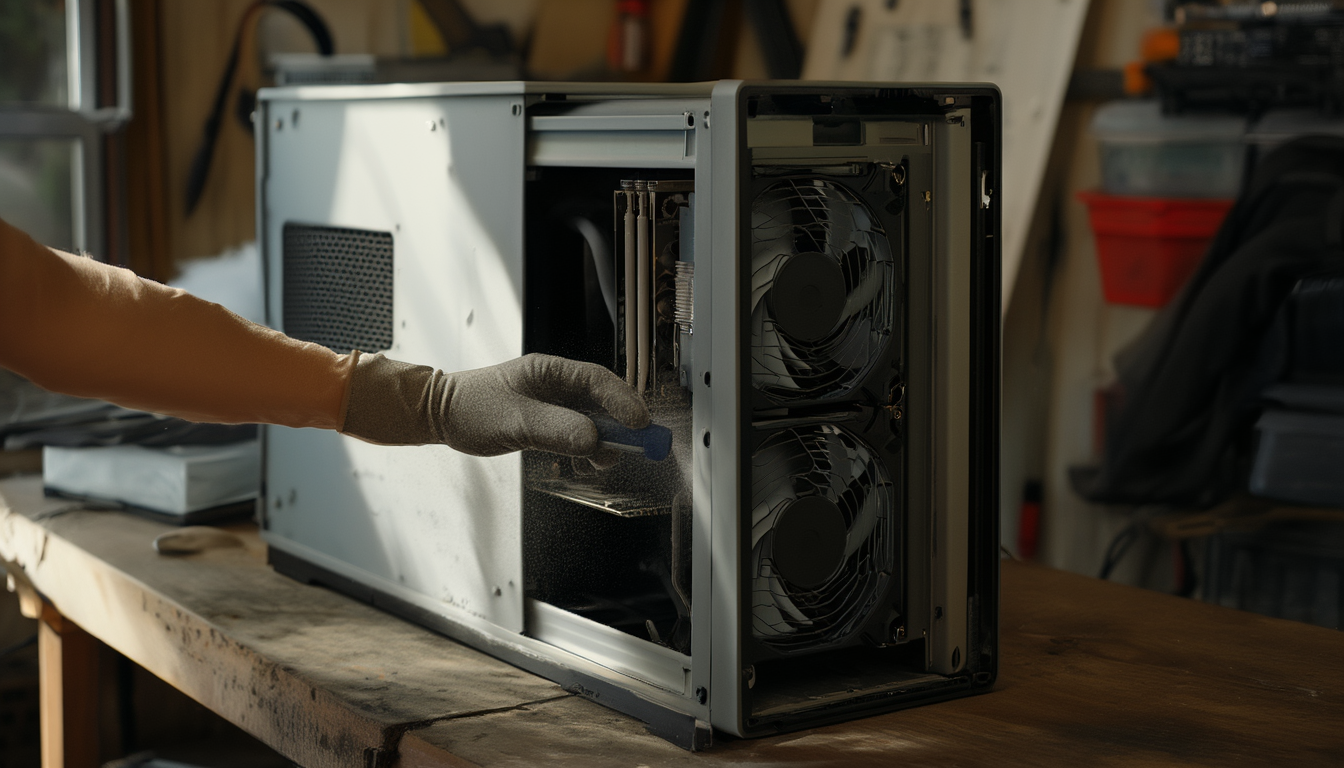 Geöffnetes PC-Gehäuse auf einer Werkbank: eine Hand hält das Lüfterrad fest, während Staub aus den Kühlrippen geblasen wird