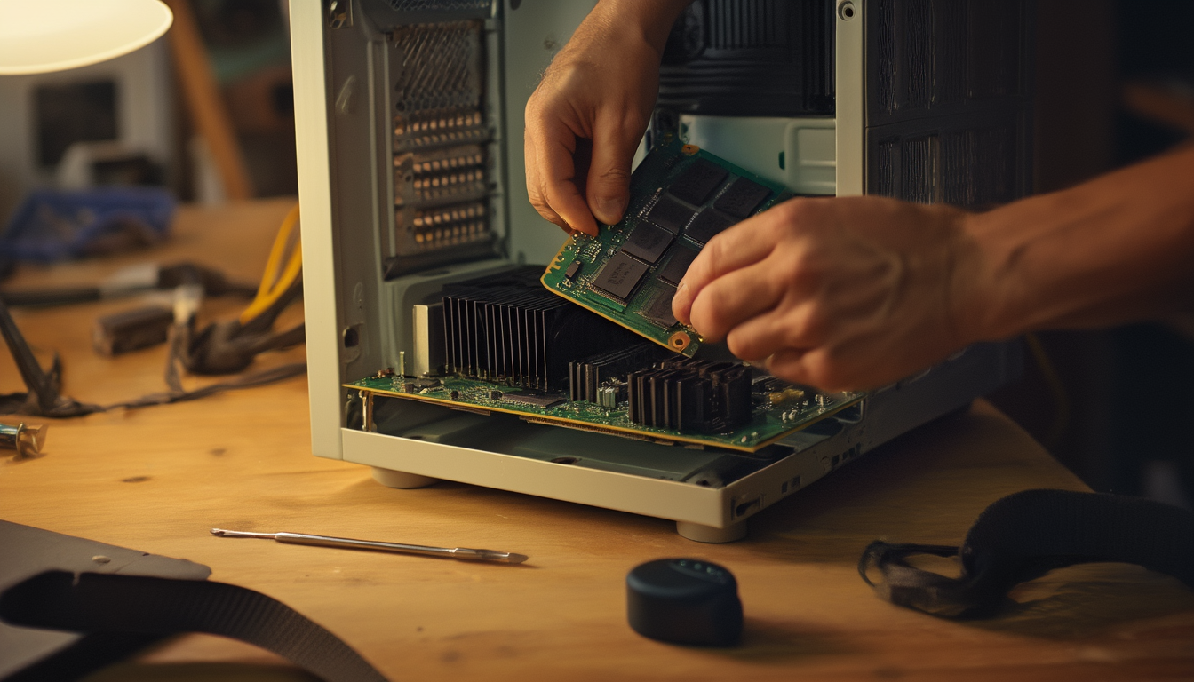 Hände setzen einen RAM-Riegel in den Speicherslot eines geöffneten Desktop-PCs ein, um einen BIOS-Beep-Code zu beheben