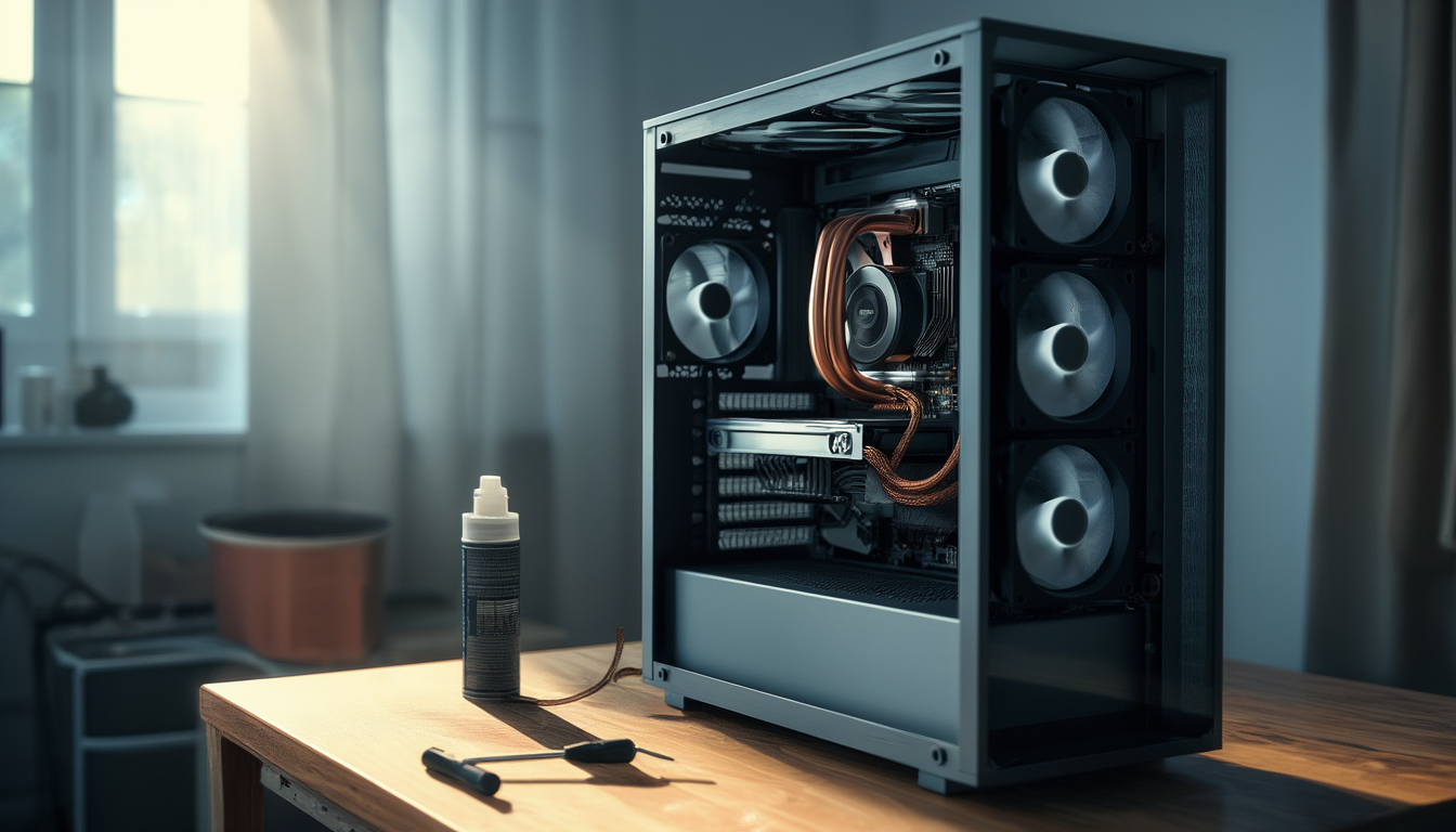 Offenes PC-Gehäuse auf einer Werkbank mit staubigem Tower-CPU-Kühler, Grafikkarte und Druckluftdose zum Reinigen