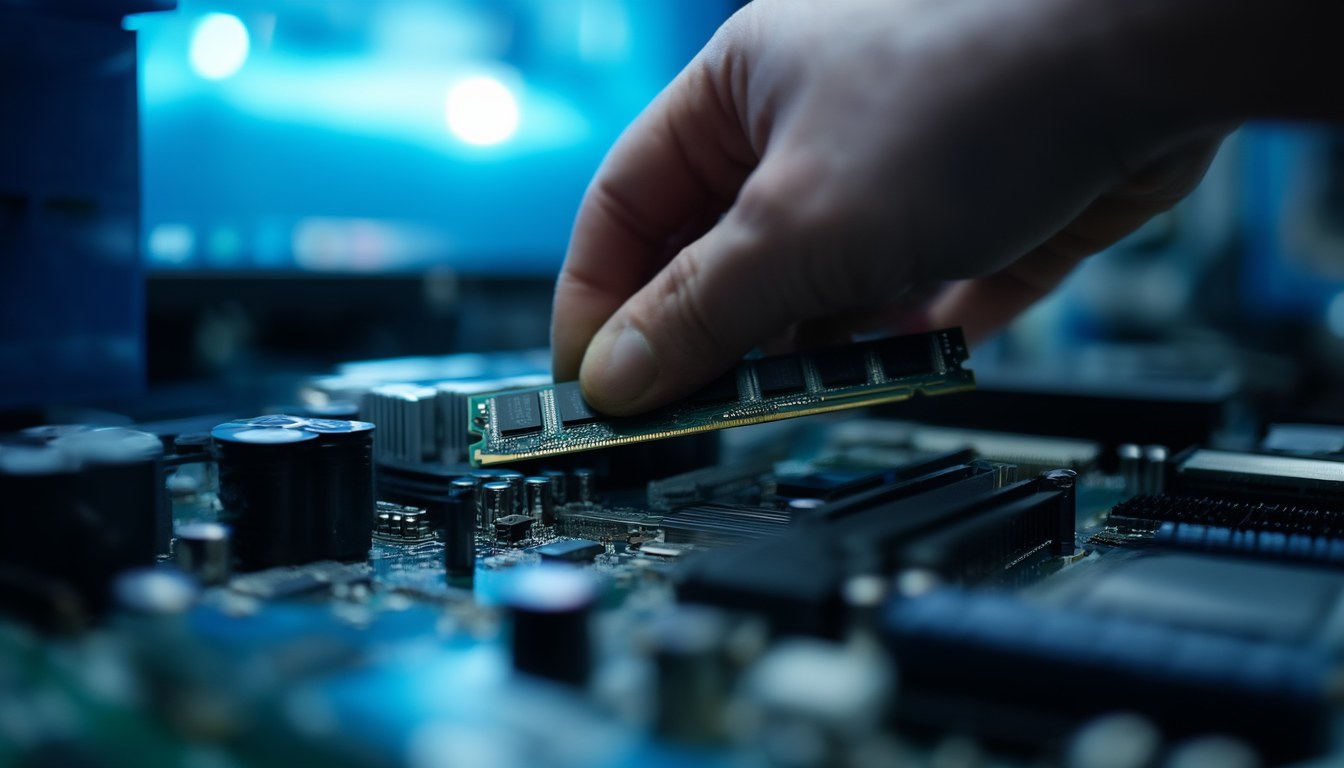 Hände setzen ein RAM-Modul in den Steckplatz eines Mainboards ein, im Hintergrund leuchtet ein Monitor blau