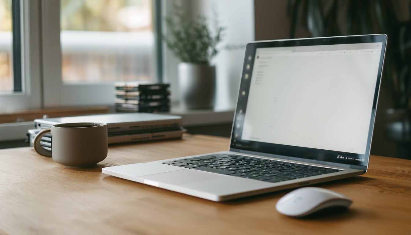Aufgeklappter Laptop auf einem hellen Holzschreibtisch – Sinnbild für das Aufräumen und Deinstallieren von Programmen auf dem Mac