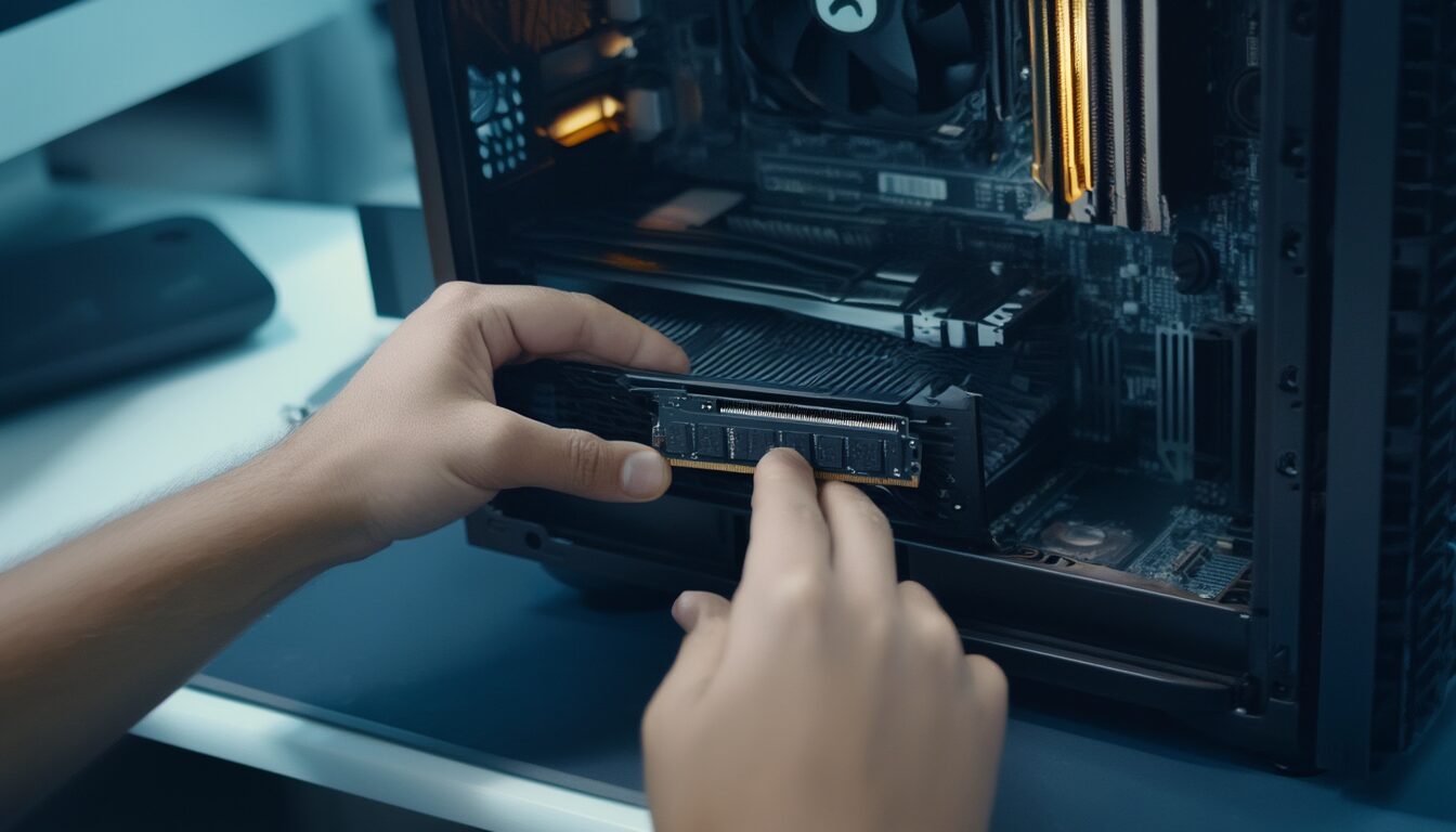 RAM nachrüsten 2026: kompatible Module finden und einbauen 7 Hände setzen einen DDR5-Speicherriegel in den RAM-Steckplatz eines Mainboards im geöffneten PC-Gehäuse ein