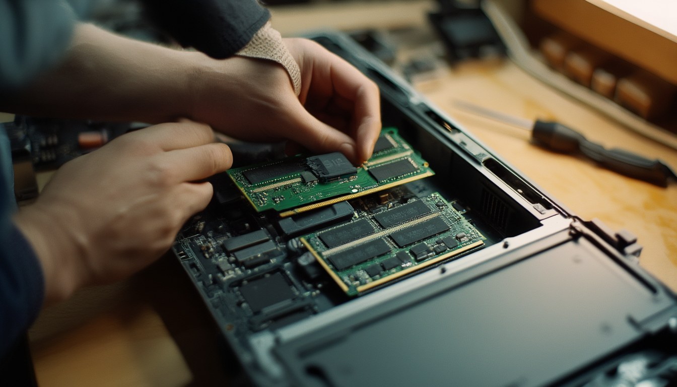 Hände halten einen DDR5-Speicherriegel über einem geöffneten PC-Gehäuse, im Mainboard darunter sind zwei freie RAM-Steckplätze zu sehen
