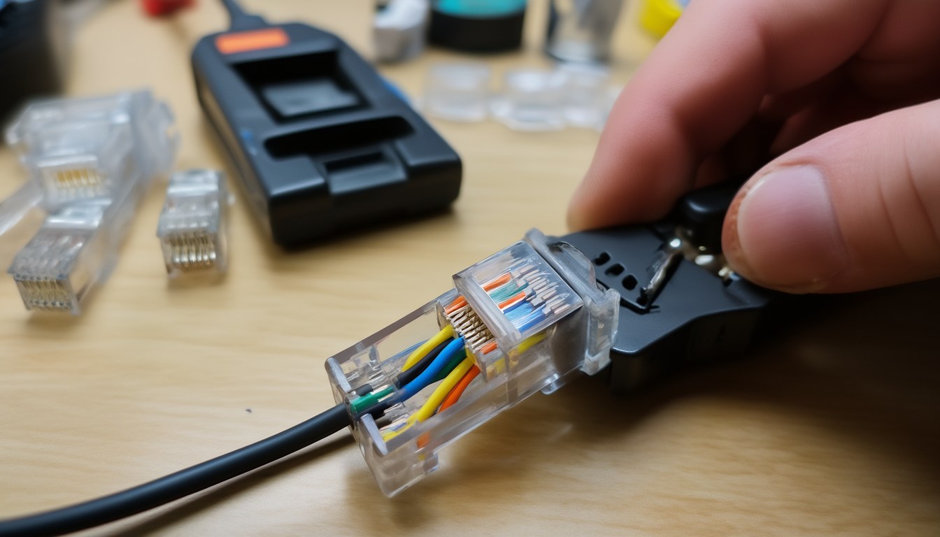 RJ45-Stecker crimpen: Anleitung in 7 Schritten (T568B) 4 Hand crimpt mit einer Crimpzange einen transparenten RJ45-Stecker auf ein Netzwerkkabel, die farbigen Adern sind im Stecker sichtbar