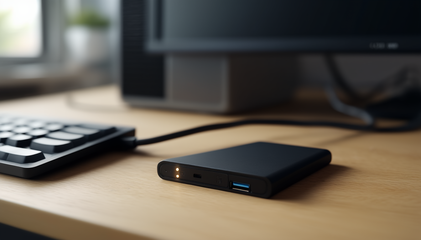 Externe USB-Festplatte auf einem Schreibtisch, per Kabel mit einem PC verbunden, als Ziel für ein automatisiertes Robocopy-Backup