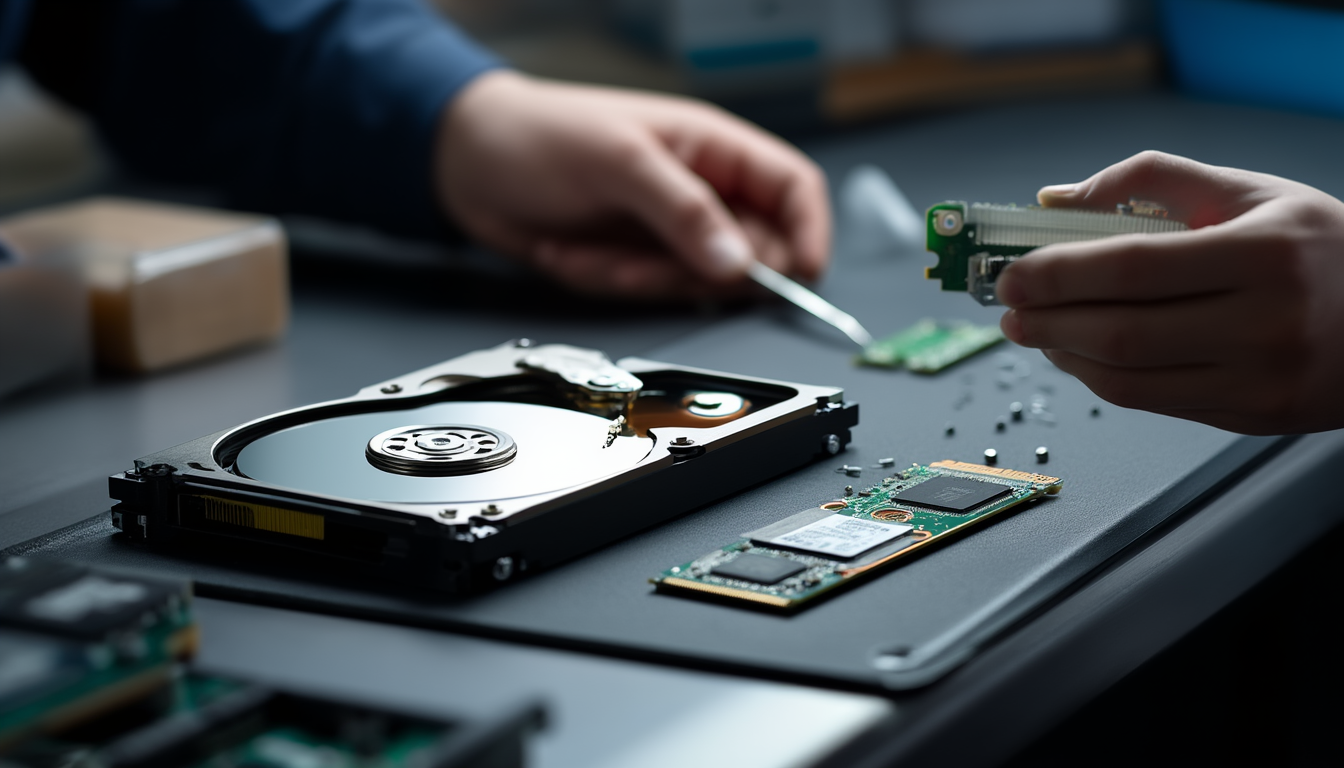 SMART-Werte richtig deuten: Ist die Festplatte noch gesund? 9 Geöffnete 3,5-Zoll-Festplatte und M.2-NVMe-SSD auf einer Antistatikmatte, daneben Werkzeug und SATA-Kabel