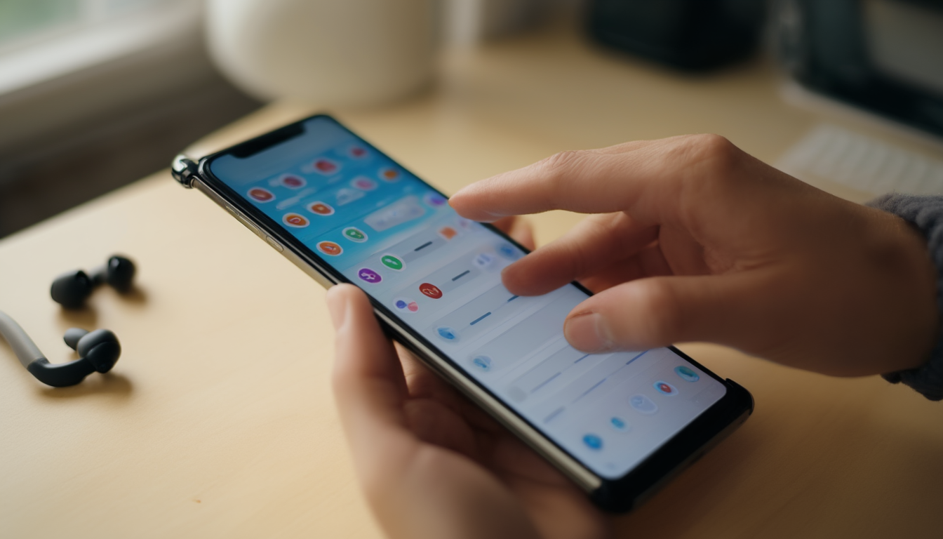 Hände halten ein Android-Smartphone und tippen in den Einstellungen auf die Liste der Standard-Apps