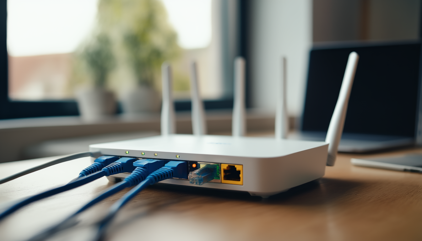 Heimrouter mit leuchtenden Status-LEDs und eingesteckten Netzwerkkabeln auf einem Schreibtisch – im Heimnetz ist er das Standardgateway