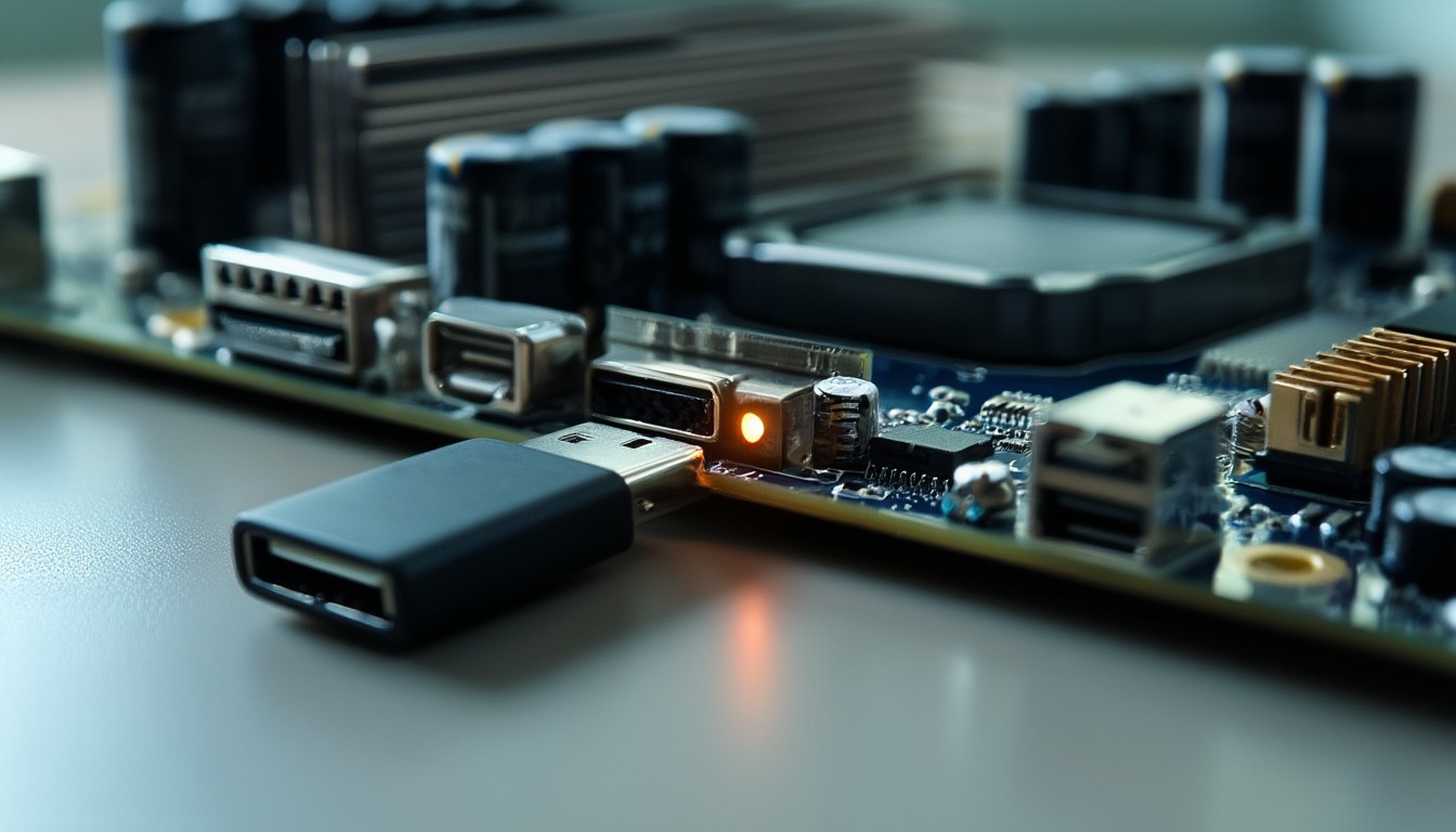 USB-Stick steckt im BIOS-Flashback-Port am Anschlussfeld eines Mainboards, daneben leuchtet die Status-LED des Flashback-Knopfs