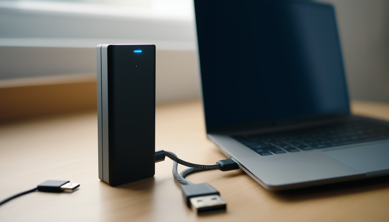 Externe USB-Festplatte mit angestecktem Kabel auf einem Schreibtisch neben einem geschlossenen Laptop als Speicherziel für ein Systemabbild