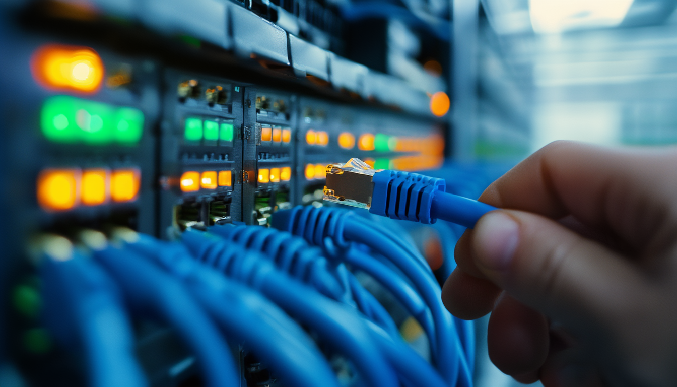 Hand steckt ein Patchkabel in den Port eines Netzwerk-Switches mit leuchtenden Status-LEDs