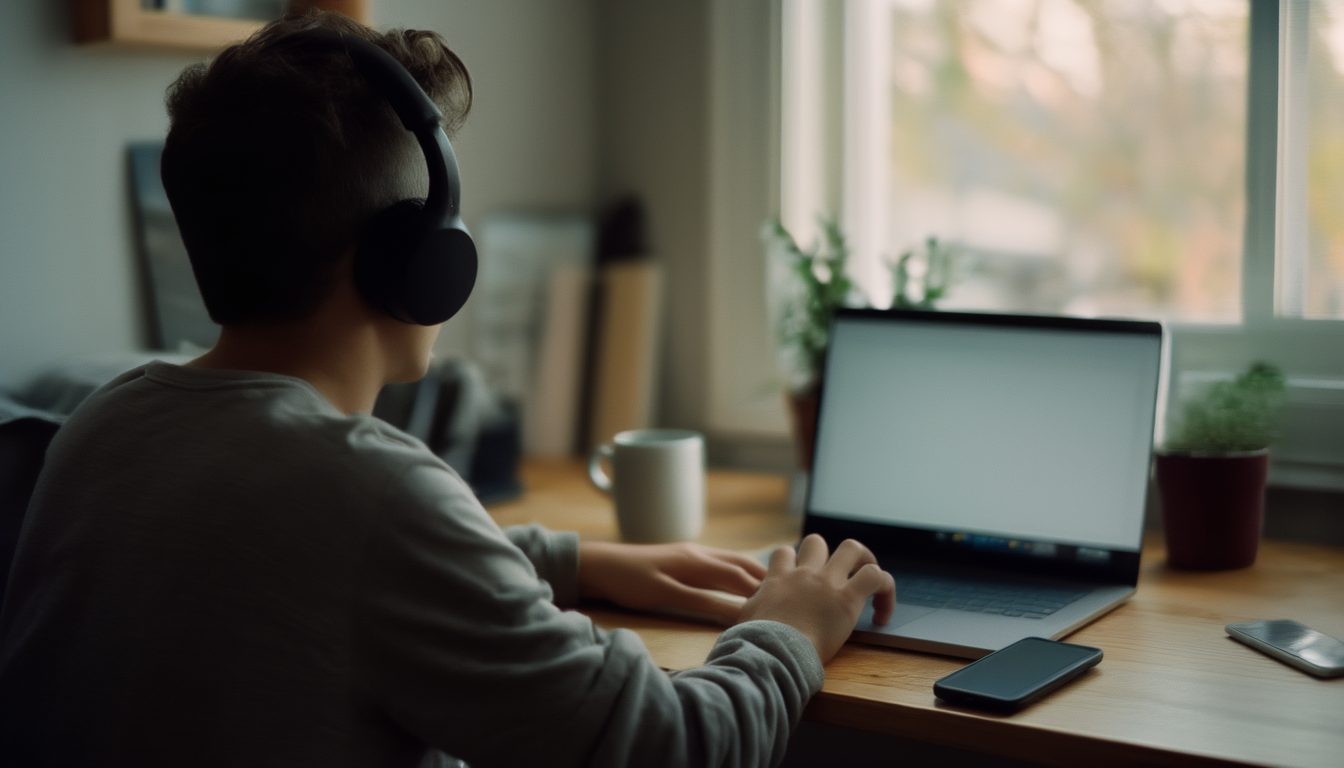 Person mit Headset sitzt am Schreibtisch vor einem Laptop und wartet auf den Beitritt zu einer Online-Besprechung