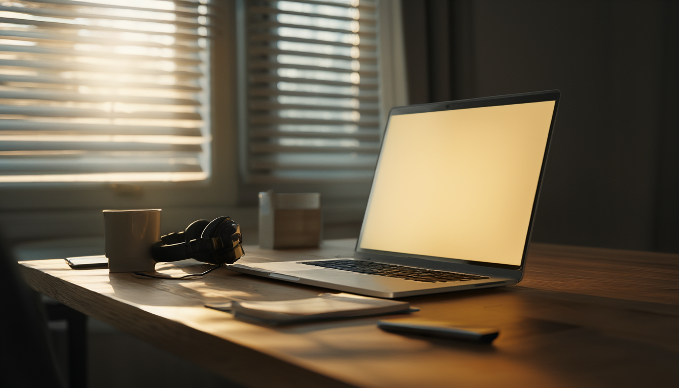 Home-Office-Schreibtisch mit aufgeklapptem Laptop, Headset und umgedrehtem Smartphone – verpasste Teams-Benachrichtigungen unter Windows 11