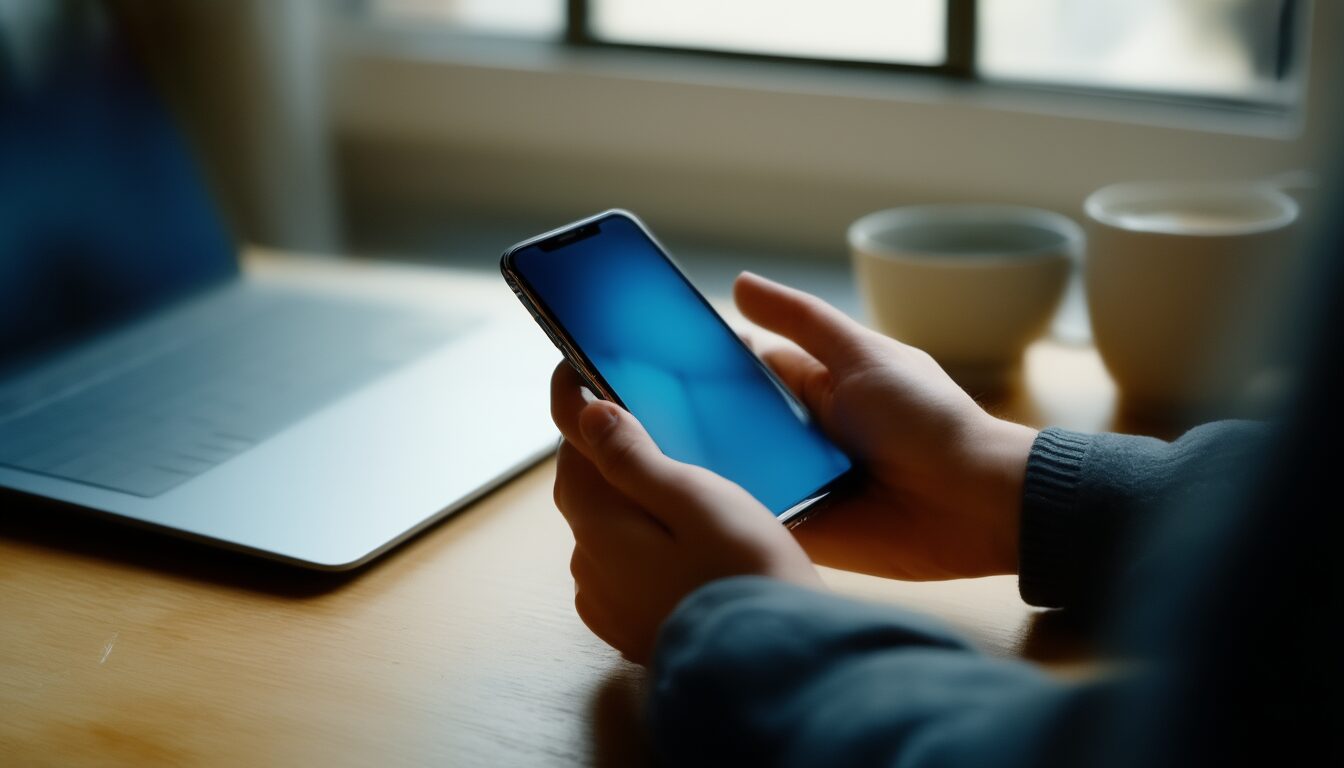 Hände halten ein Smartphone mit unscharf leuchtendem Messenger-Bildschirm auf einem Schreibtisch neben Laptop und Kaffeetasse
