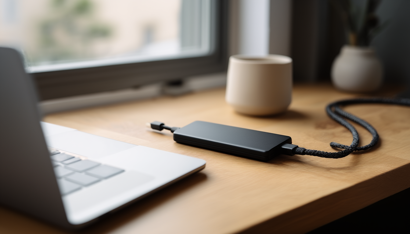 Externe SSD als Backup-Laufwerk per USB-C-Kabel an einem Notebook auf einem hellen Holzschreibtisch