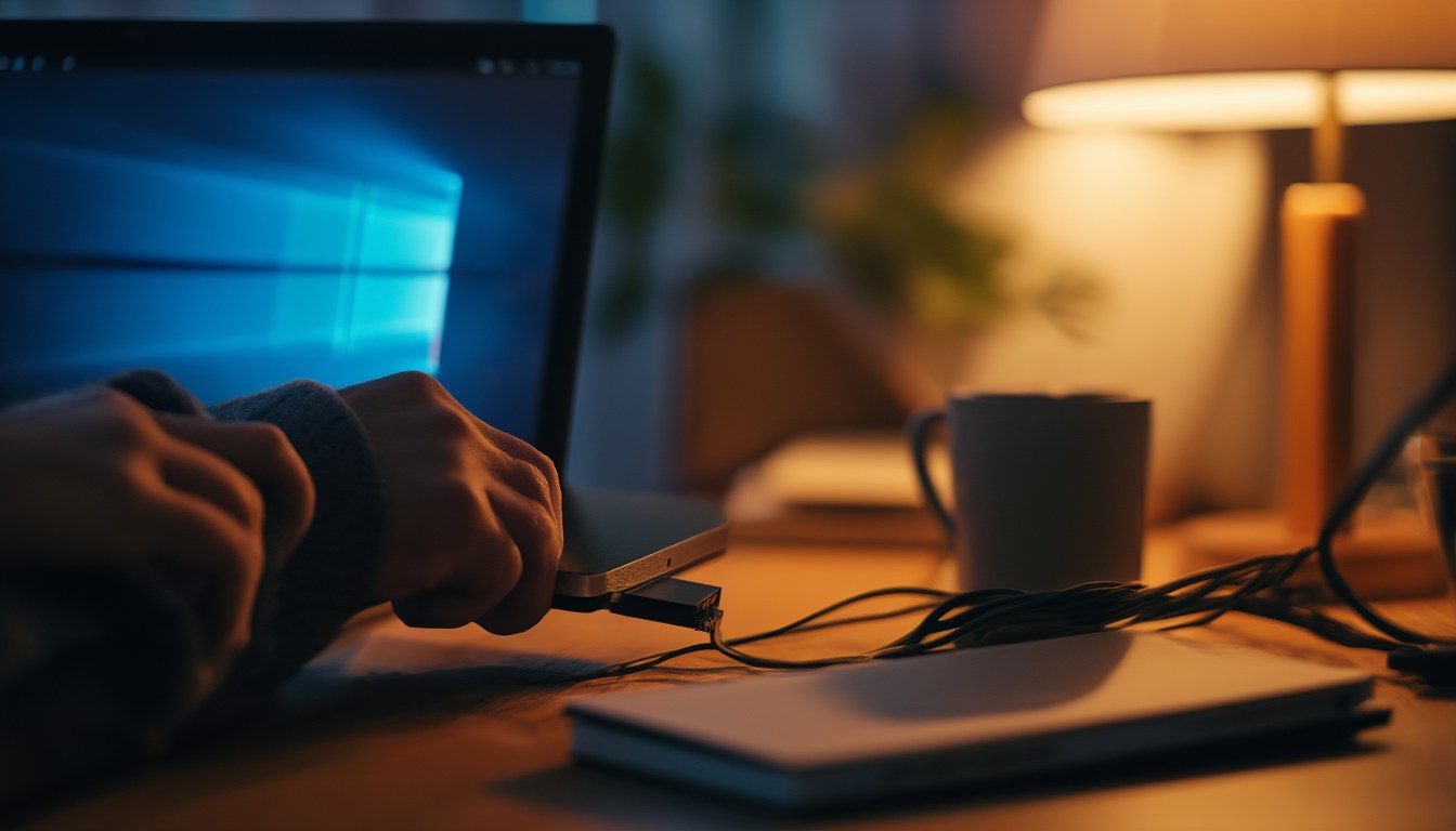 Hände schließen eine externe USB-Festplatte an einen Laptop an, um Linux-Snapshots mit Timeshift zu speichern