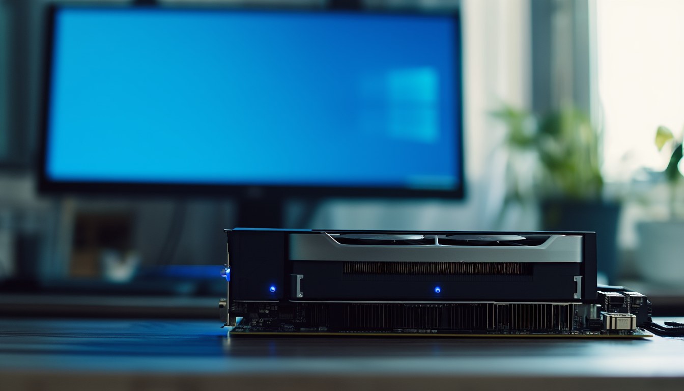 Grafikkarte im PC vor einem Monitor mit blauem Fehlerbildschirm, Symbol für den Video-Scheduler-Bluescreen