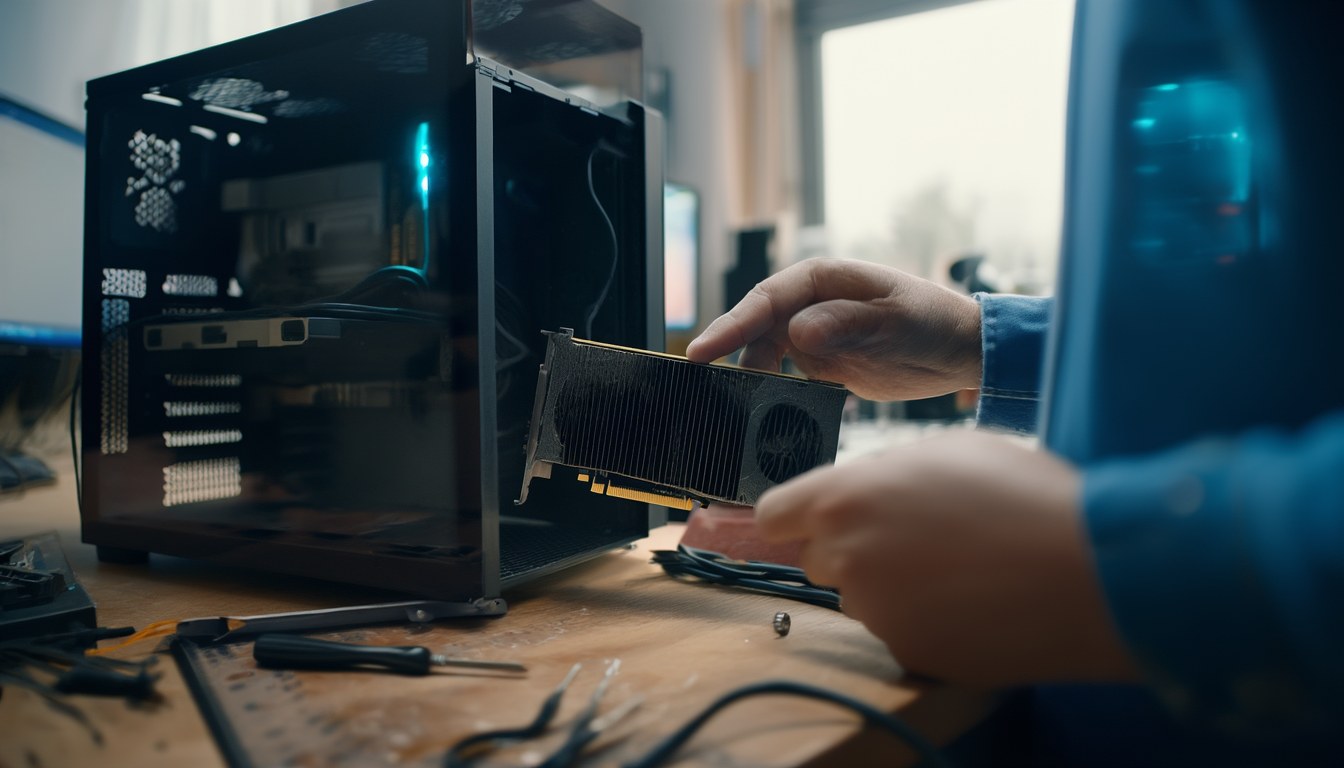 VIDEO_TDR_FAILURE beheben: nvlddmkm-Bluescreen unter Windows 11 8 Hände heben eine staubige Grafikkarte aus einem geöffneten Desktop-PC – typische Fehlersuche beim Bluescreen VIDEO_TDR_FAILURE mit nvlddmkm.sys