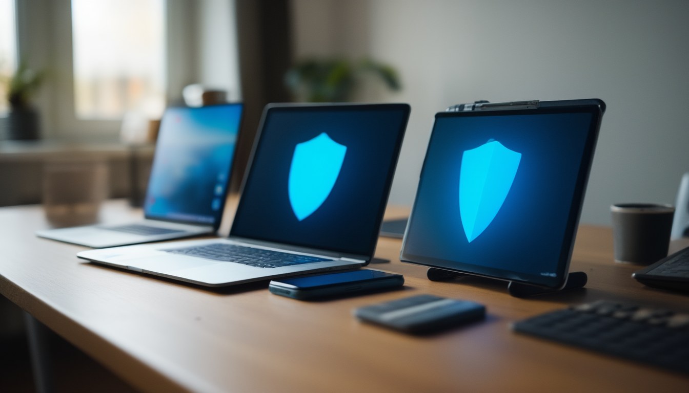 Laptop, Smartphone und Tablet nebeneinander auf einem Schreibtisch als Sinnbild für Virenschutz für mehrere Geräte mit einer Lizenz