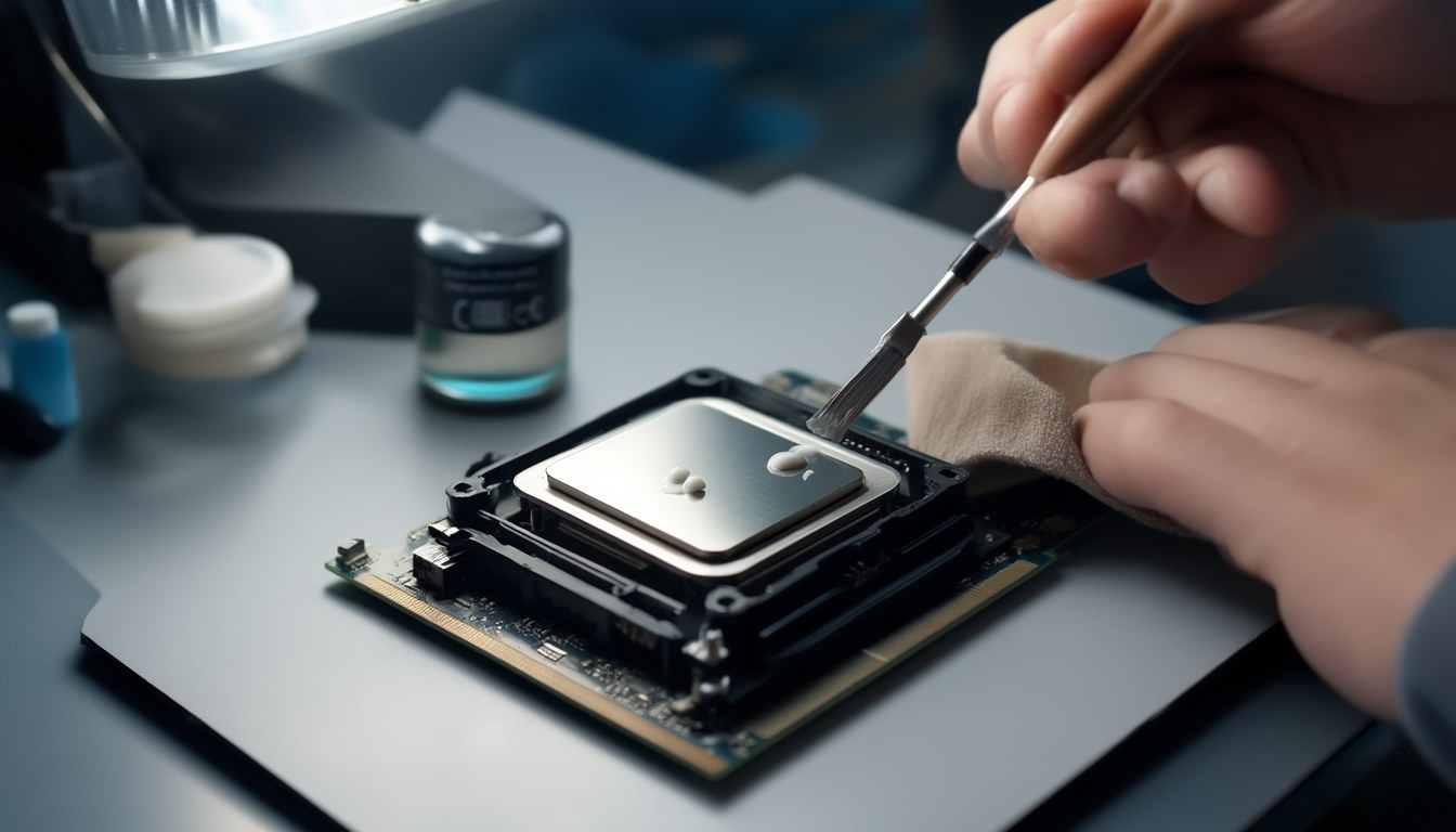 Nahaufnahme: Hände tragen eine erbsengroße Menge Wärmeleitpaste mittig auf den Heatspreader einer CPU im offenen Mainboard-Sockel auf