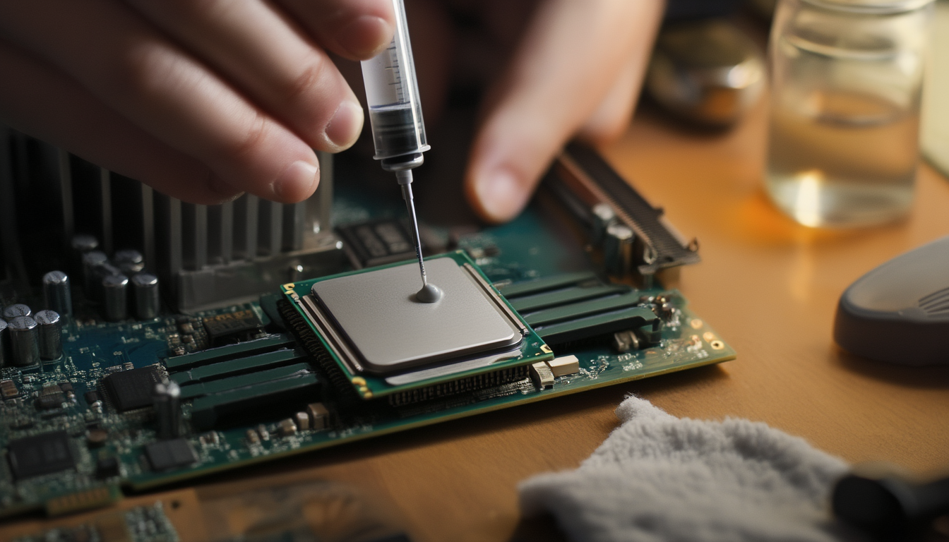 Hände tragen einen erbsengroßen Tropfen Wärmeleitpaste mittig auf den Heatspreader einer CPU im Mainboard-Sockel auf, daneben liegen der abgenommene CPU-Kühler, ein fusselfreies Tuch und Isopropanol