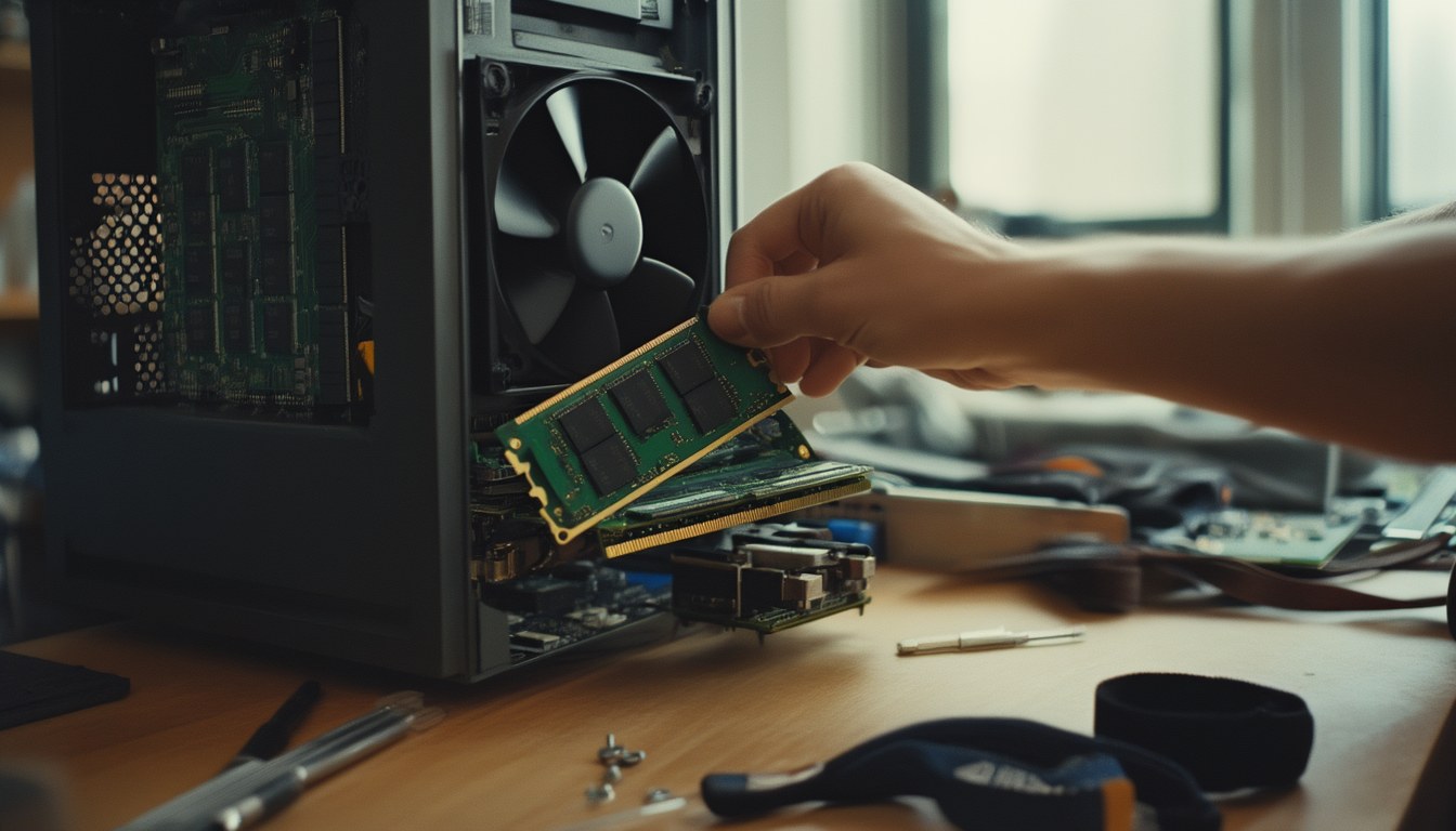 Hände ziehen einen RAM-Riegel aus einem geöffneten Desktop-PC, um den Hardware-Bluescreen 0x124 einzugrenzen