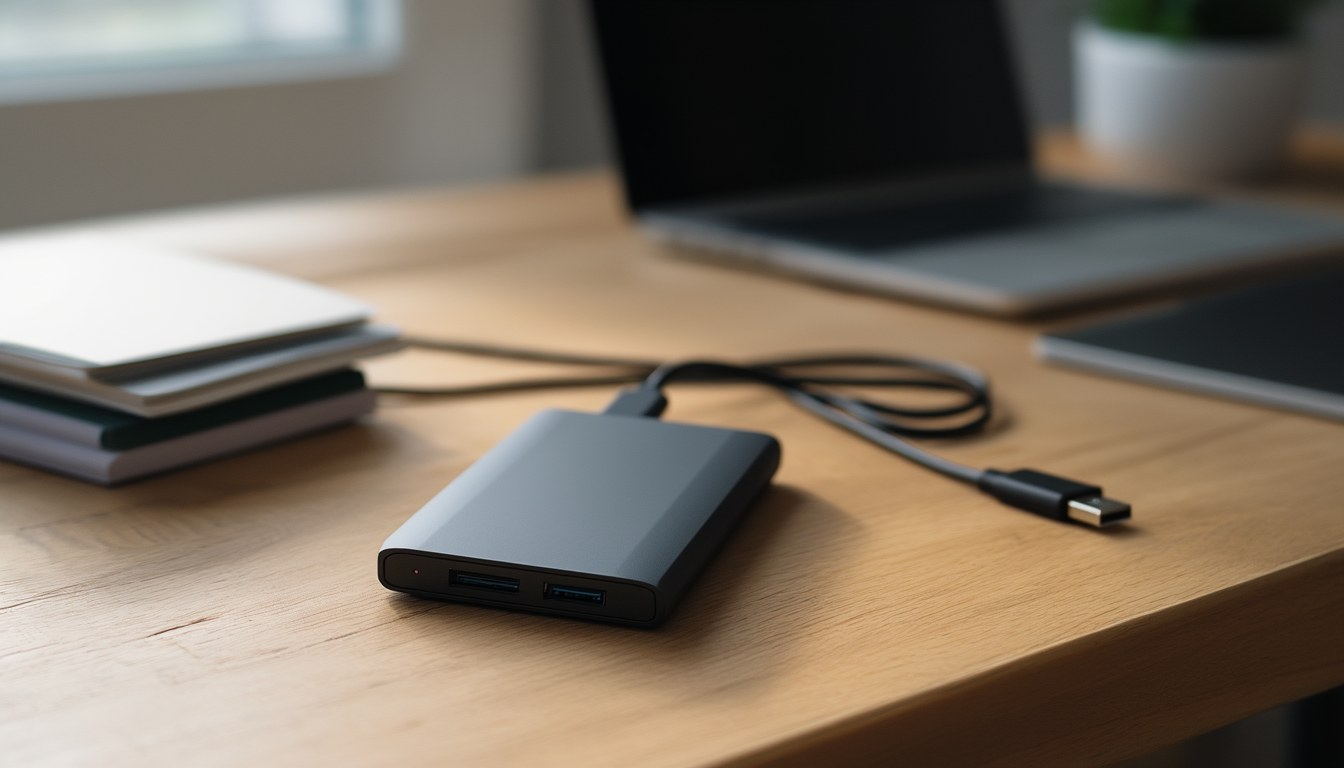 Externe Backup-Festplatte mit USB-C-Kabel auf einem Schreibtisch neben einem Laptop