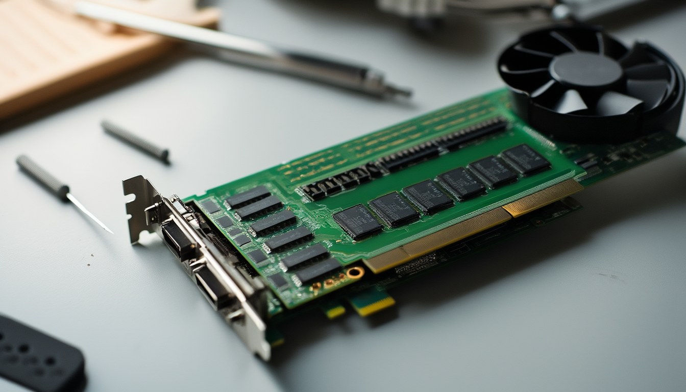 Geöffnete Grafikkarte auf einer Werkbank: Der freigelegte GPU-Chip ist von mehreren GDDR-Speicherbausteinen umgeben, die zusammen den VRAM bilden.